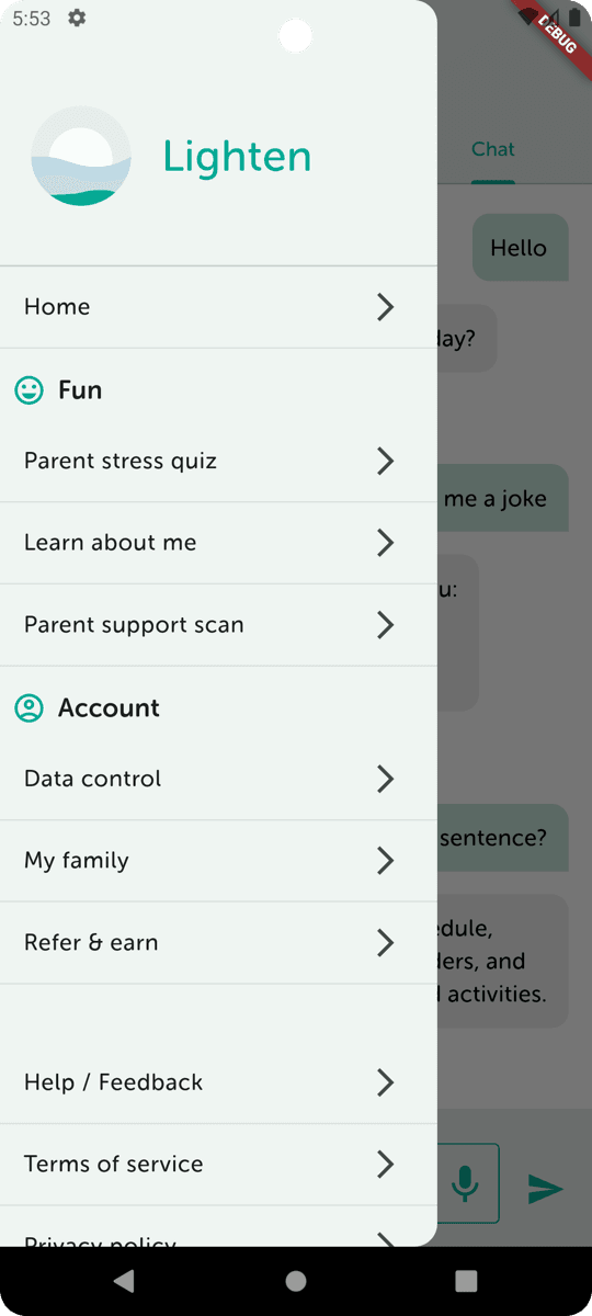 Lighten app: the tasks screen