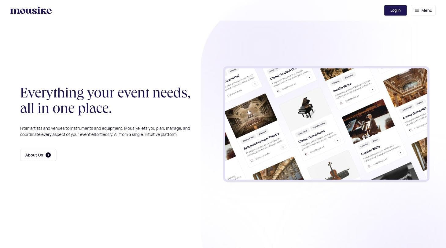 Mousike: the landing page with the catalogue of venues, artists and instruments